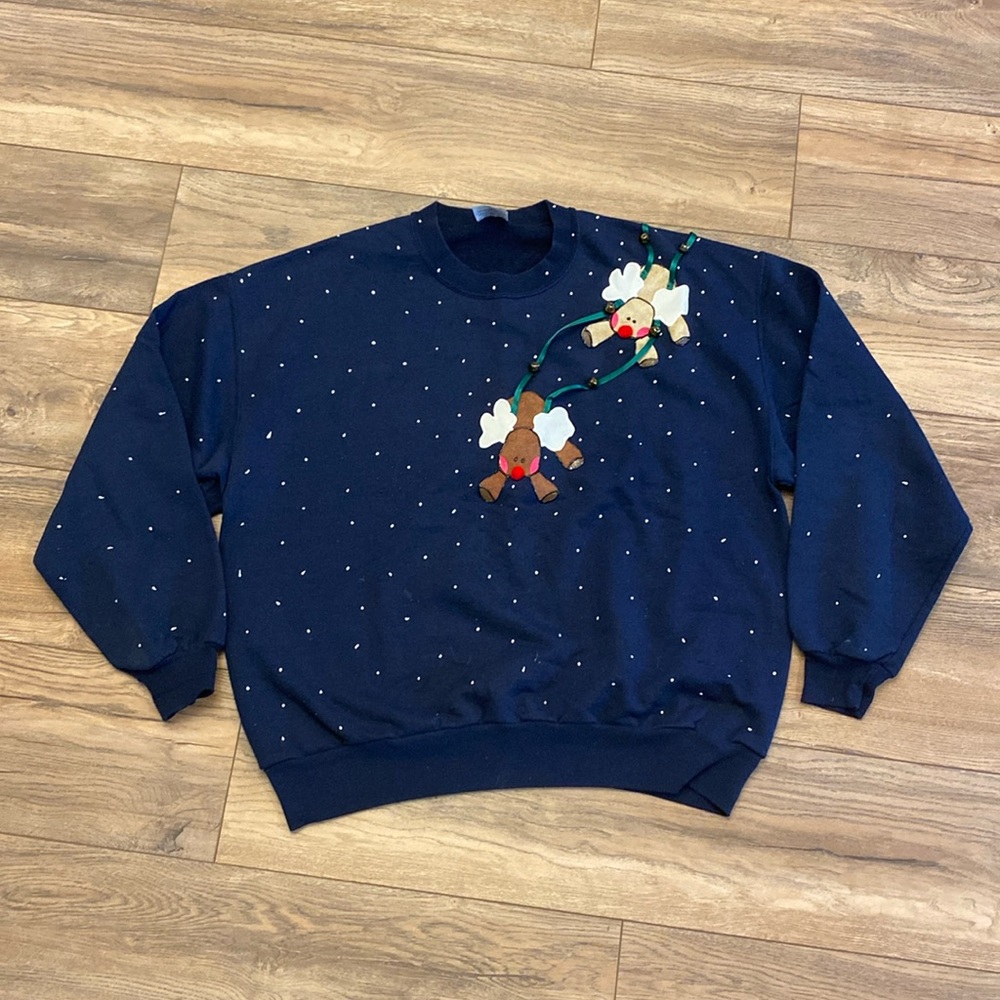 Vintage Reindeer Jingle Bell Santa Puff Paint Handmade Crewneck Sweatshirt XL